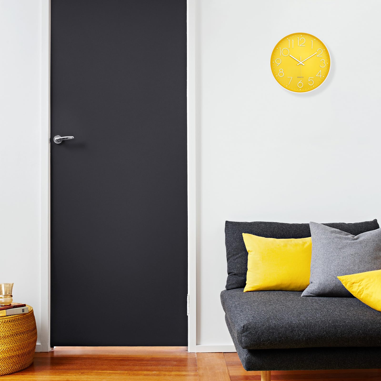 Orologio da parete moderno giallo per soggiorno, 35,5 cm, grande orologio da parete silenzioso a batteria, orologio analogico rotondo classico per camera da letto, cucina, ufficio, bagno,