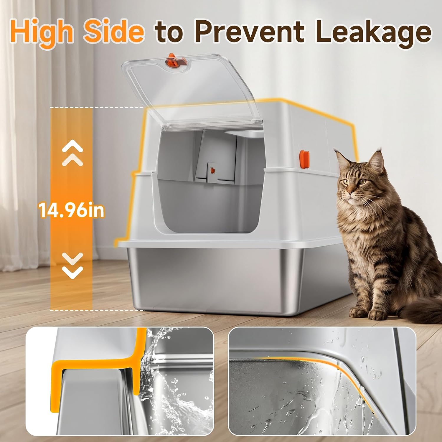 XL Enclosed Stainless Steel Litter Box with Lid,Covered,Light Gray