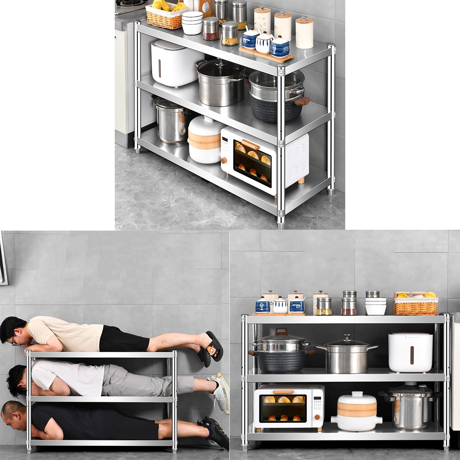 stół roboczy ze stali inless Steel, 3-tier Floor-nding Sto Rack, regulowana szafka wysokościowa do użytku domowego, idealny do pieca i se organizat