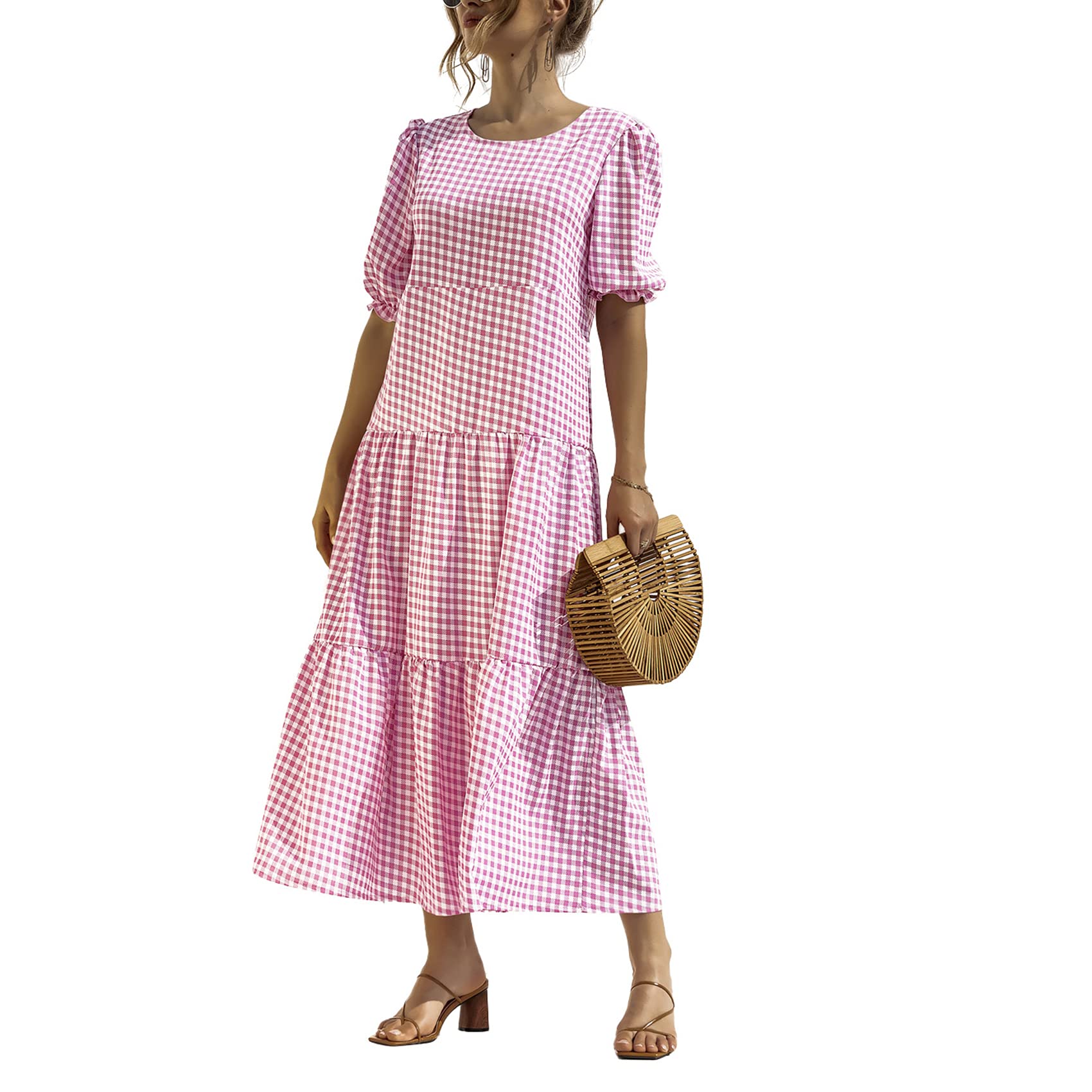 BDCUYAHSKL Primavera Y Verano Moda Femenina Casual Cuello Redondo Lunares Estampado A Cuadros Manga Abullonada Manga Corta Vestido Largo Suelto Mujer