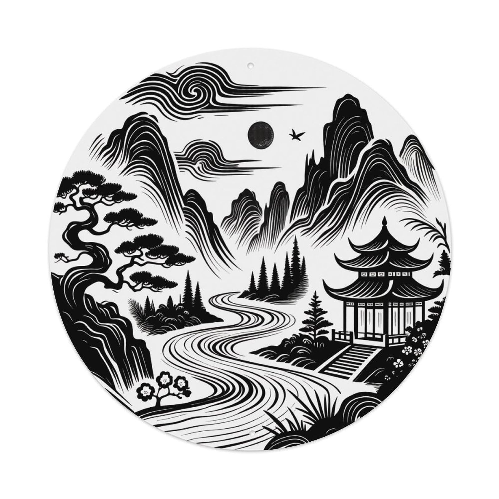 Mountain Stream Pavilion Clouds Tree Round Tin Sign Vintage Metal Poster, Home Bar Garage Man Cave Cafe Indoor & Outdoor Wall Decoration 8x8Inches
