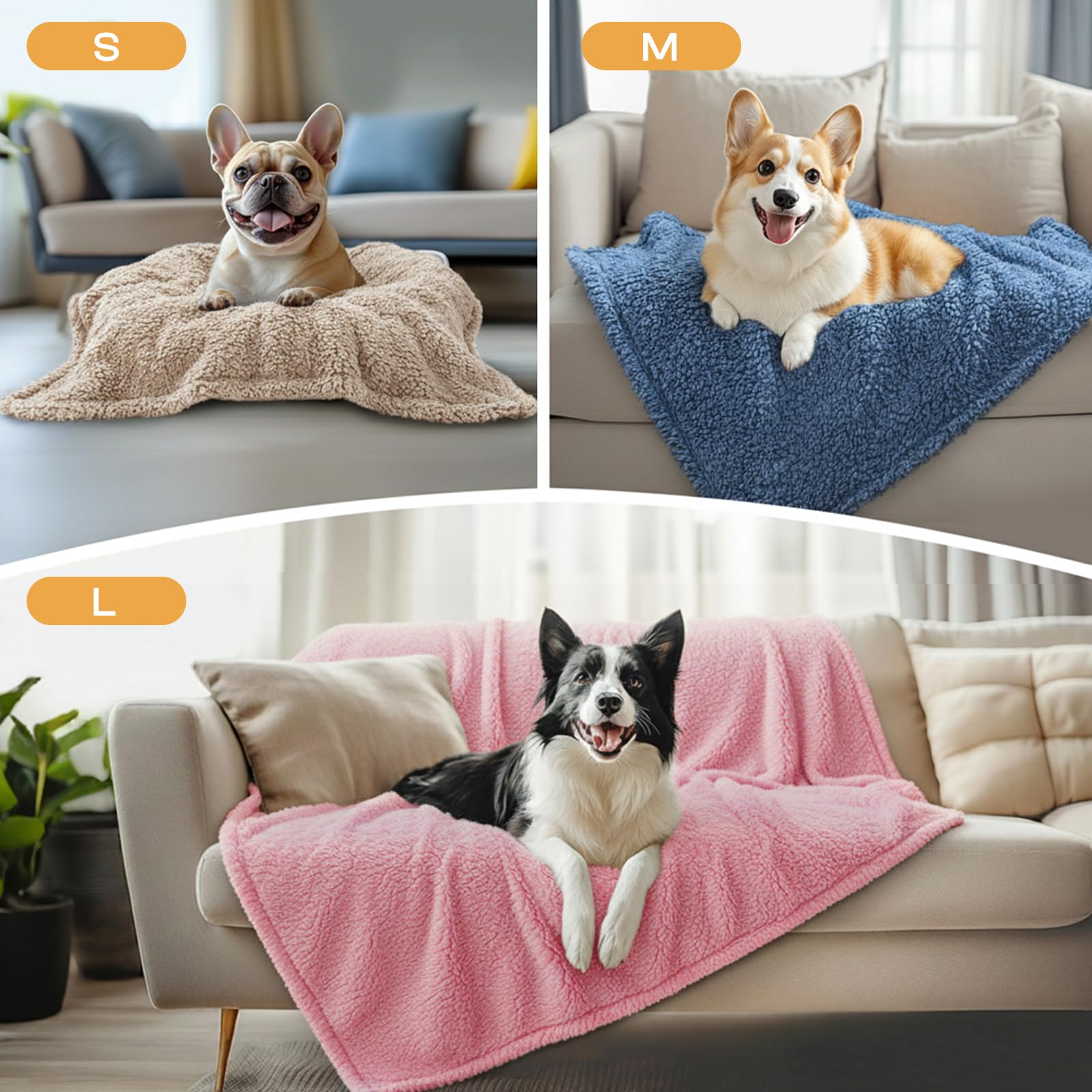 Luciphia Beruhigende Hundedecke, flauschig, Premium-Fleece, Haustierdecken, weicher Sherpa-Überwurf für Hunde, Welpen, Katzen, Beige/Rosa/HazeBlue, Größe L (104,1 x 78,7 cm), 1 Packung mit 3 Stück