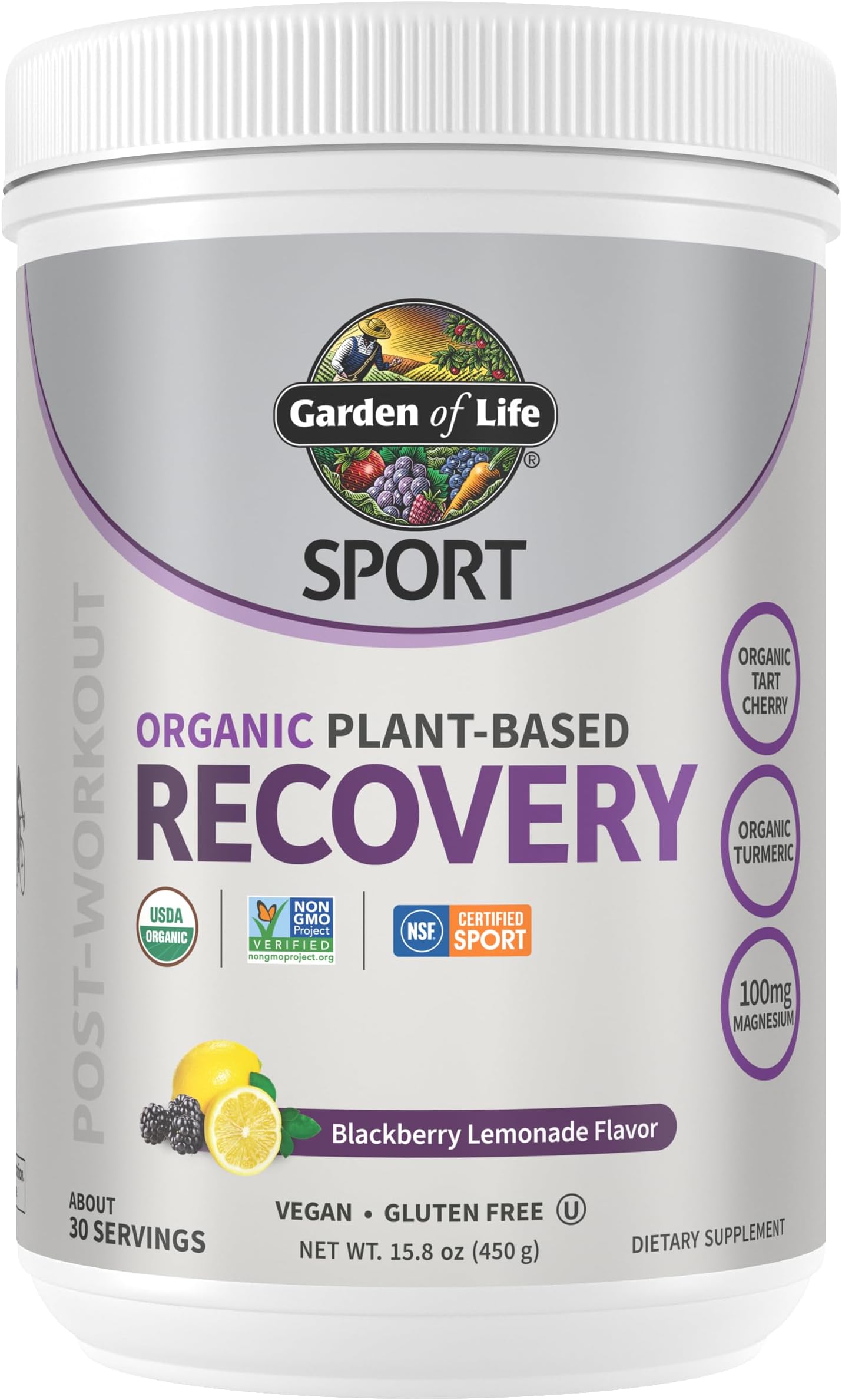 Sport Organic Plant-Based Recovery Powder – Muscle Recovery Supplement for Women & Men with Vitamins and Magnesium, Non-GMO, Gluten-Free, BlackBerry Lemonade Flavor, 30 Servings