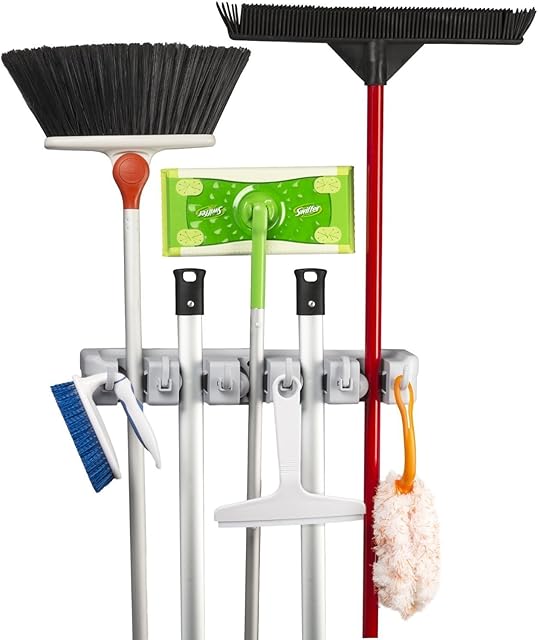KINGTOP Broom Mop Holder, Wall Mounted Organizer with 5 Position 6 Hooks, Utility Room Storage Solutions for Kitchen, Bathroom, Garage and Garden