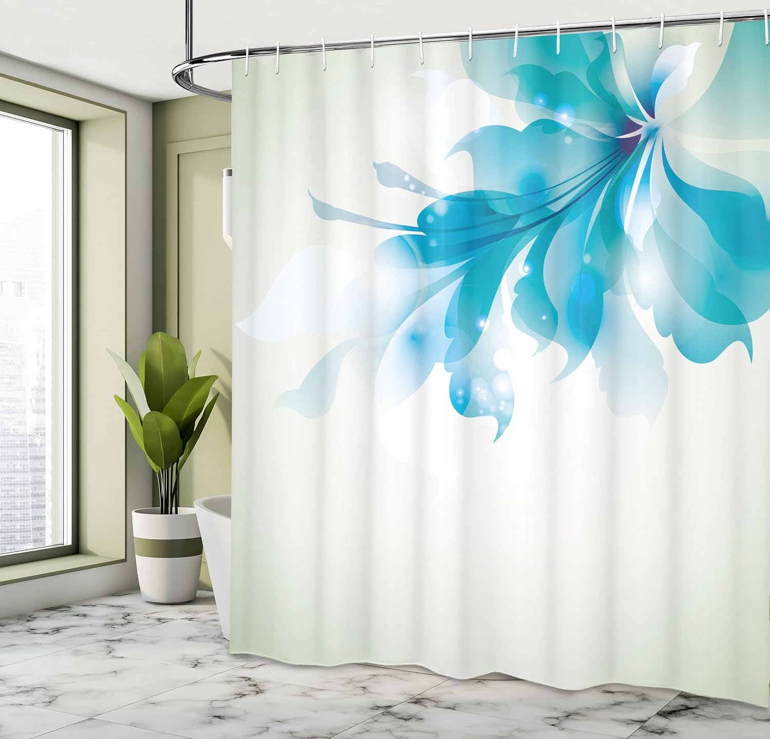 Ambesonne Abstract Shower Curtain, Big Single Abstract Blue Shades Ombre Flowers Artwork, Cloth Fabric Bathroom Decor Set with Hooks, 69" W x 75" L, Eggshell Turquoise