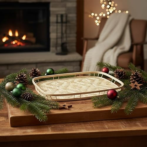 Vista 2 de PEMAR Set of 4 Bamboo Wicker Serving Trays for Foods & Drinks, Rectangular Breakfast Lap Trays with Handles Wooden Decorative Platters for Coffee