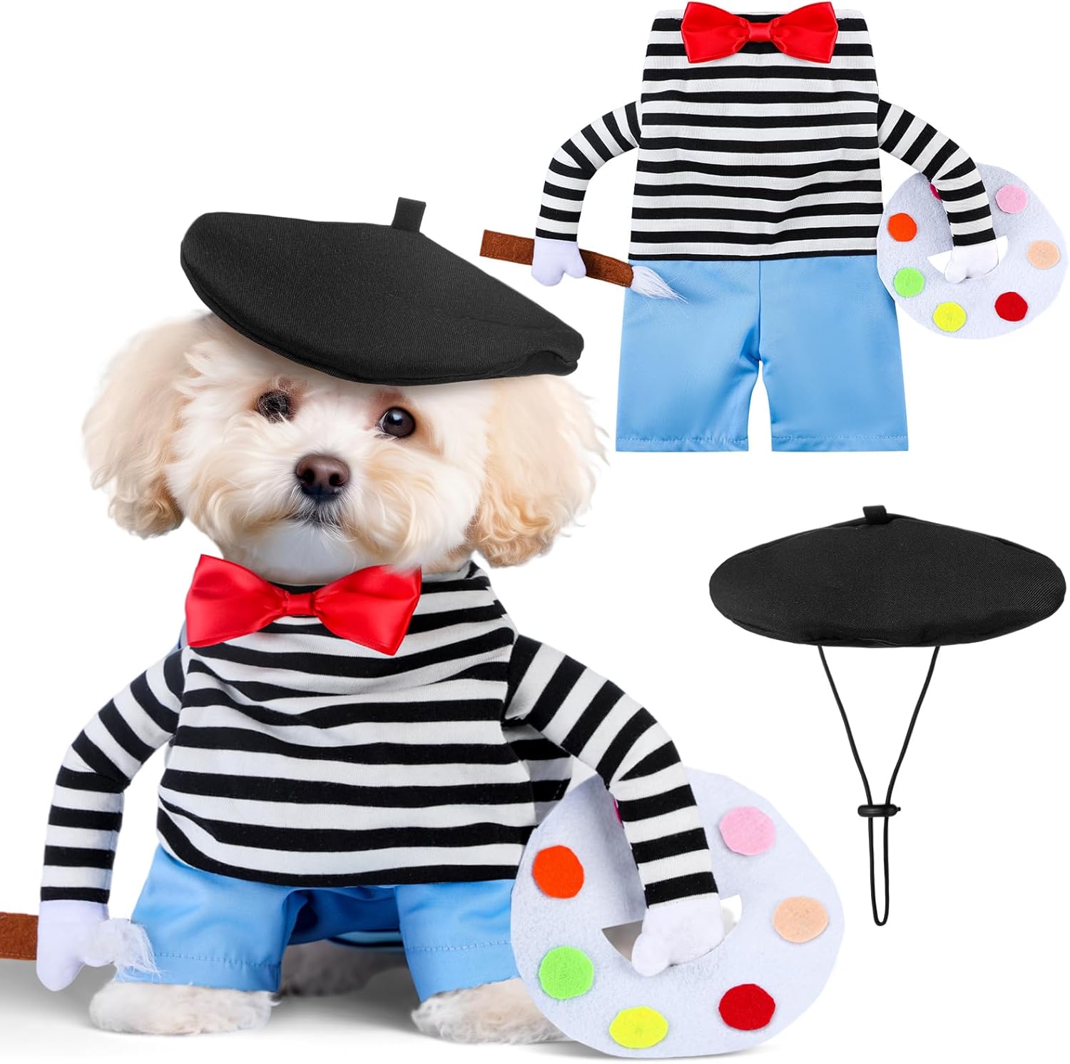 Halloween Dog Costume Funny French Artist Dog Costume with Hat Painter Pet Clothes T-Shirt Jeans Beanie Beret Ties for Halloween Cosplay Brithday Party(S)