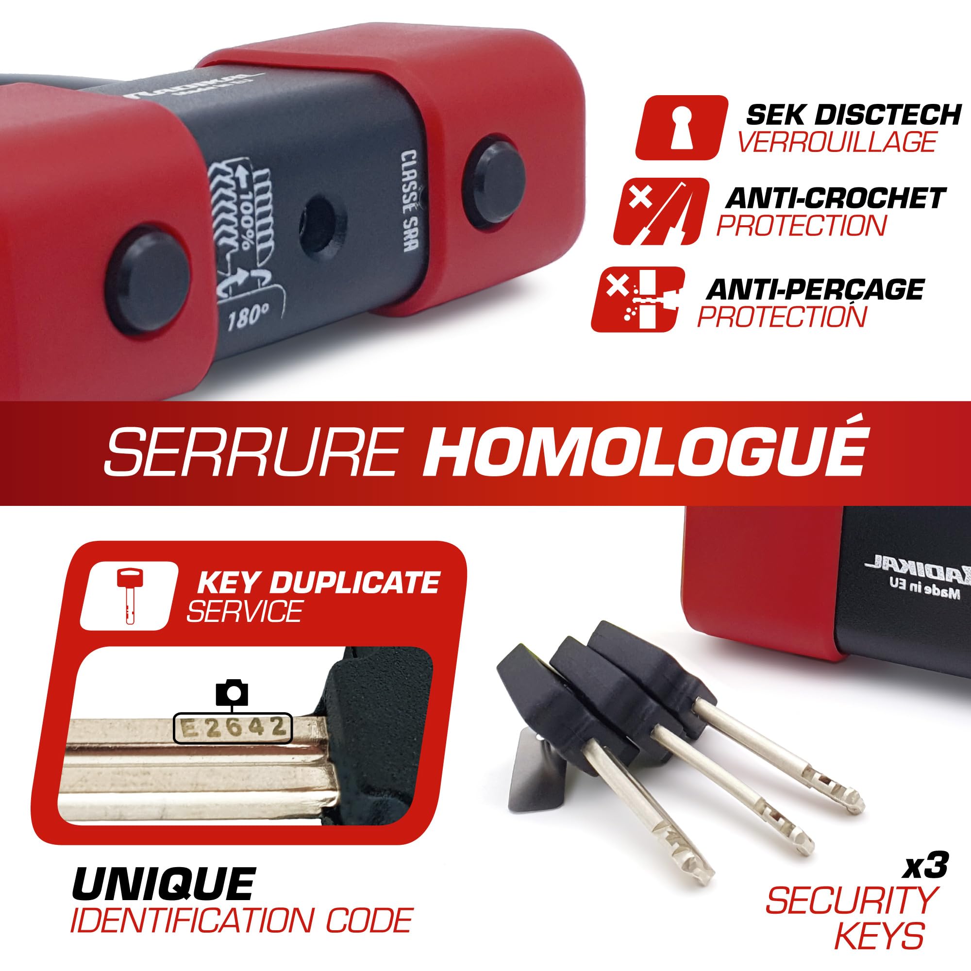 RADIKAL RK75+10.120L Chaine Système Boucle ø10 + Antivol Moto Disque Mini U Haute Sécurité Homologué Classe SRA, 120cm Plus Distance, Anti vol Multifonction pour Moto, Ancrage, Parking, Scooter, Velo