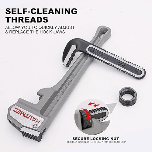 Miniatura 10 de HAUTMEC Llave de tubo recta de aluminio de 18 pulgadas, llave de fontanería ajustable resistente, capacidad de mandíbula de 2-12", para tuberías,