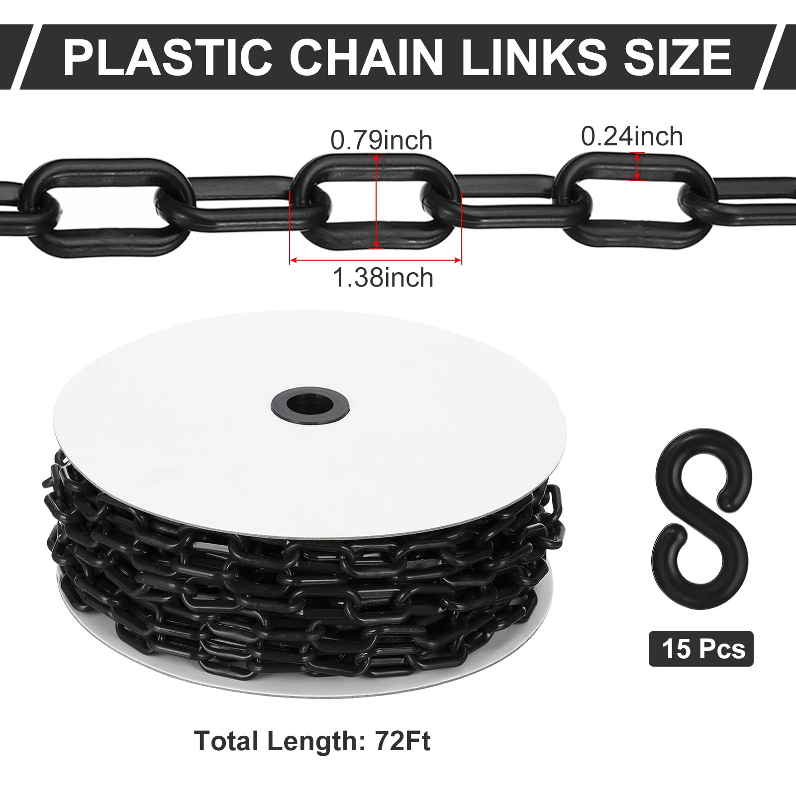PATIKIL Cadena de plástico negra, 72pcs 6mm Cadena de barrera de seguridad de plástico grande Larga cadena de plástico para control de multitudes, cerca, puerta, concierto