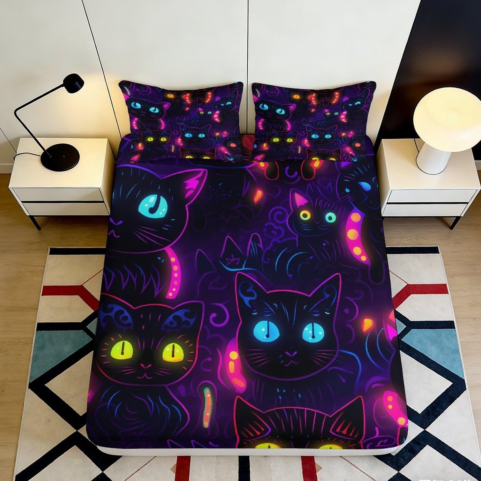 3D Printed Neon Cat Pattern Fitted Sheet Microfiber Soft Breathable Glow Design Mattress Cover for Bedroom Dormitory Guest Room Protection Decor 180x200x25cm