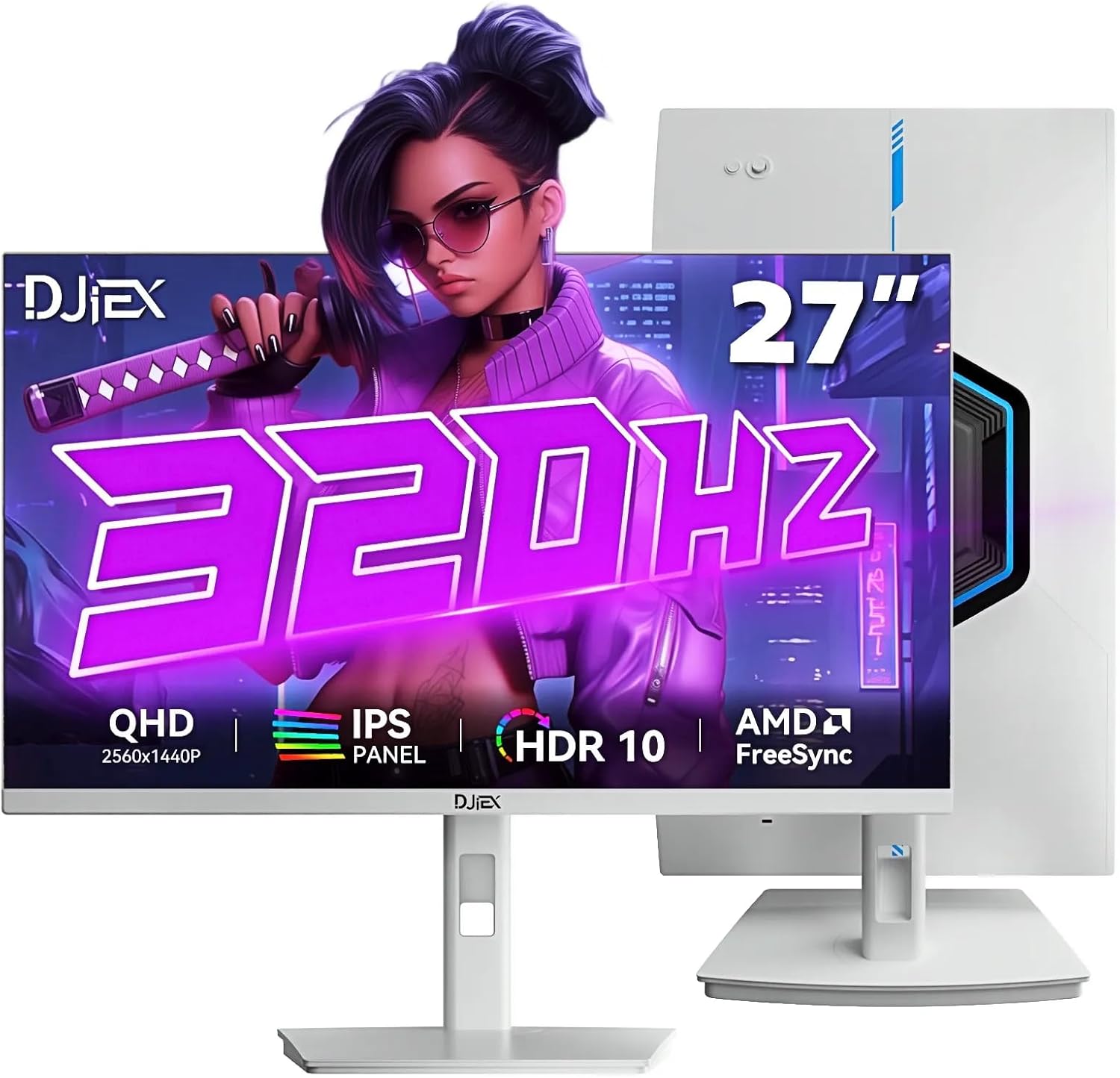 27 inch 320Hz Gaming Monitor, 2K QHD 2560 x 1440P IPS Computer Display, HDR10, FreeSync, 1.07B Colors, 90% sRGB, Height/Swivel/Tilt Adjustable Ergonomic Stand, 2*HDMI/2*DP, VESA Mountable——White
