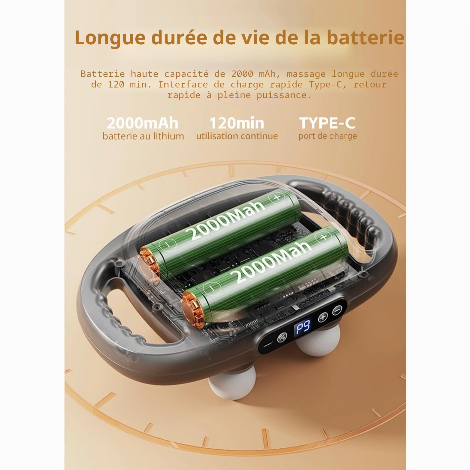 Pistolet de Massage à 6 Têtes pour Tissus Profonds, Pistolet de Massage à Percussion avec 9 Niveaux et 9 Modes, Outil de Massage électrique pour le Dos, le Cou, les Jambes, (GRAY)