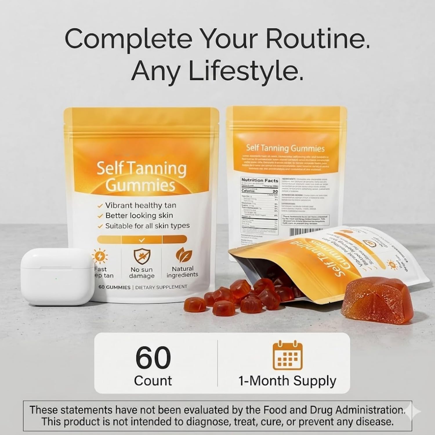 Tanning Gummies, Sunless Tanning Supplement with Astaxanthin, Beta-Carotene, Vitamin C, Turmeric + Mango Extract | Nourishes Skin & Improves Sleep | Vegan & Sugar Free - 60 Count