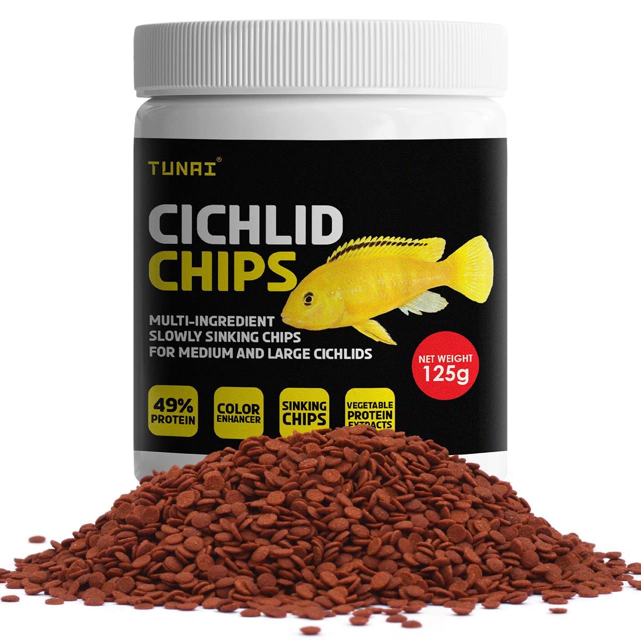 TUNAI Multi-Ingredient 49% Protein Sinking Chips for Cichlids | 125G | Cichlid Food Specially Formulated Fish Food for All Carnivores Fish Types (Chips Wafers - 125G), All Life Stages