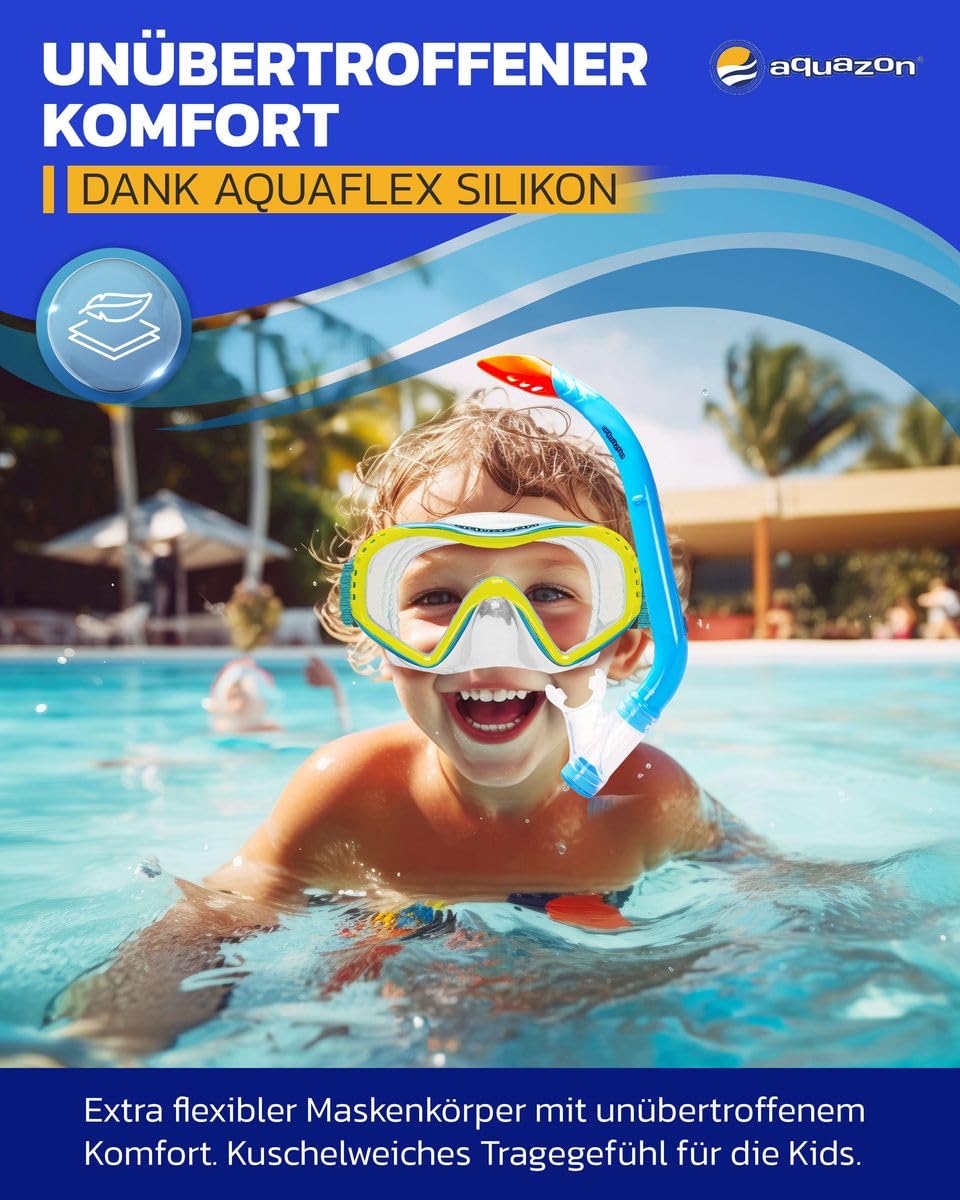 AQUAZON Starfish Kinder Schnorchelset - Taucherbrille mit extra komfortablem Textil Kopfband - 7-12 Jahre - inkl. Schnorchel, superklares temperiertes Glas