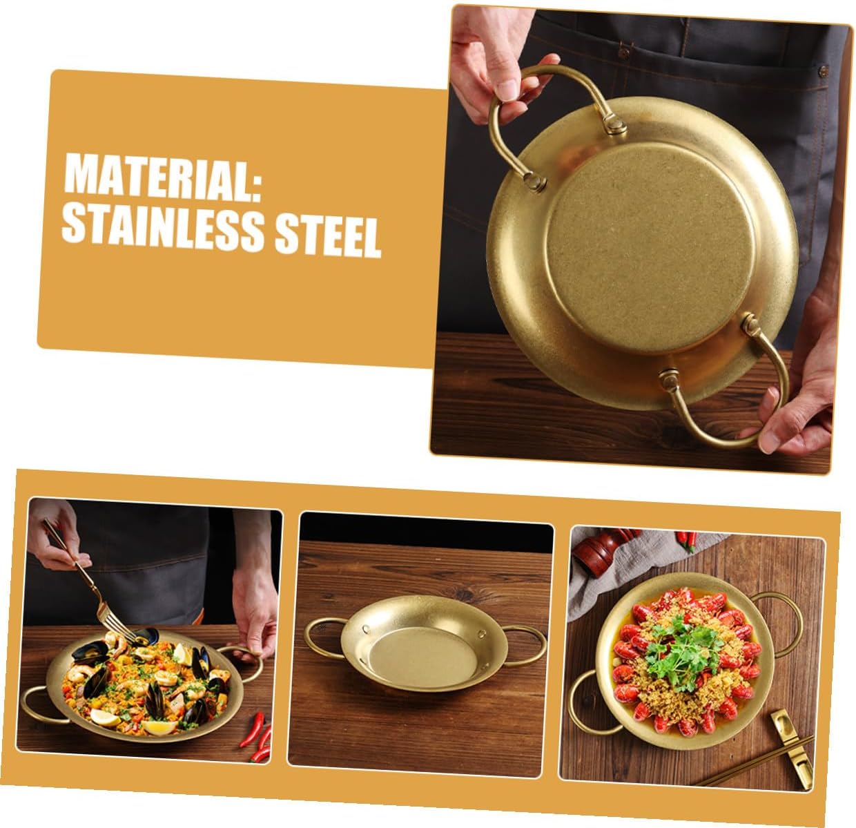 Luxshiny Stainless Steel Vintage Gold Paella Pan with Double Handles 20.5cm Flat Frying Pan for Cooking Rice Dishes and Seafood Meals at Home and Restaurants