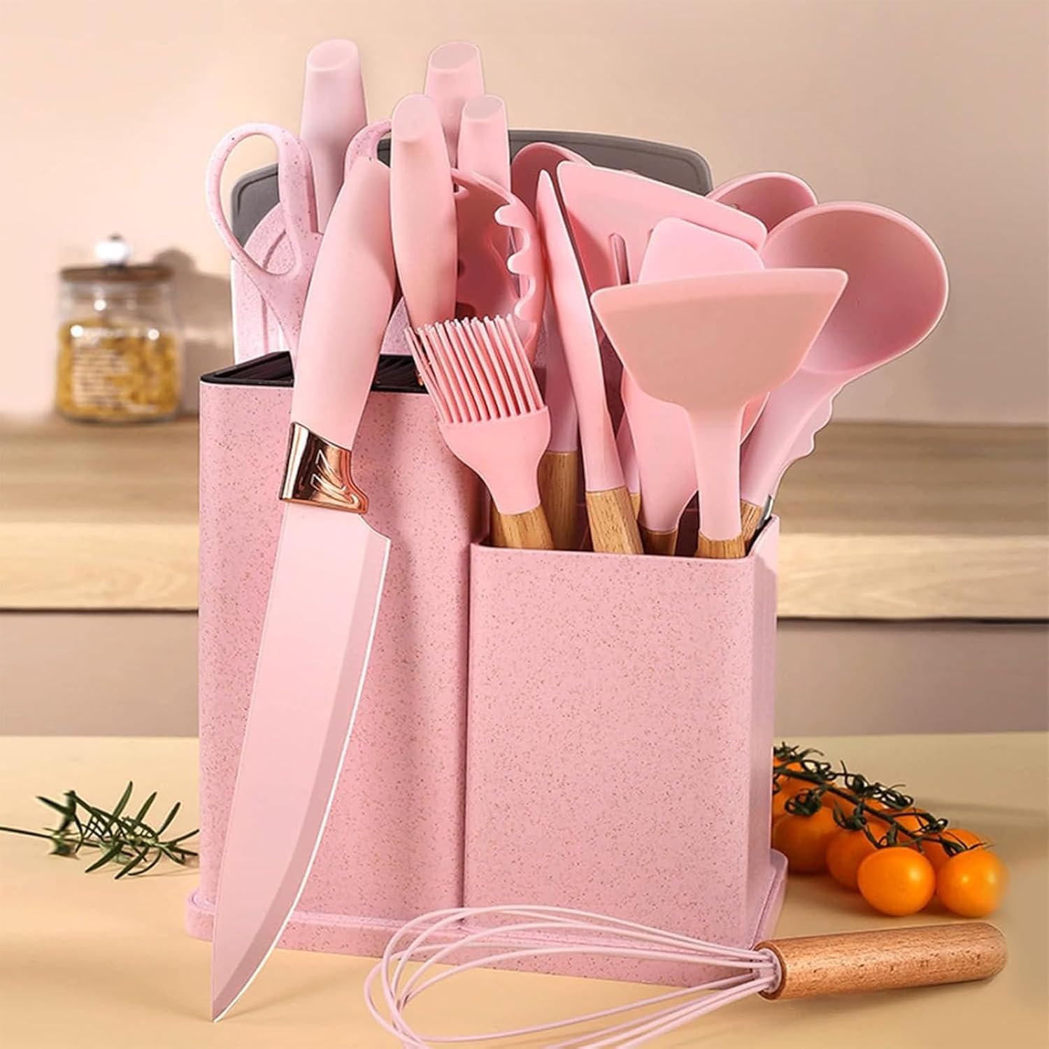 Silicone Kitchen Utensils Set of 19 Pieces Kitchen Utensils with Stand and Kitchen Knives for Kitchen Non-Stick Heat Resistant with Wooden Handle (Pink)