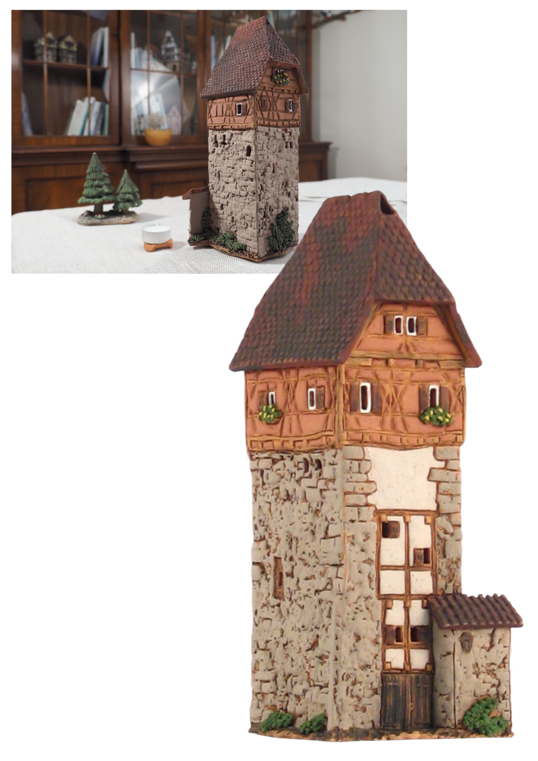Ceramiczny świecznik na podgrzewacz, dekoracja pokoju, ręcznie wykonana, kolekcjonerska, miniaturowa wieża domowa w Dinkelsbühl, Alzacja, Francja B310N