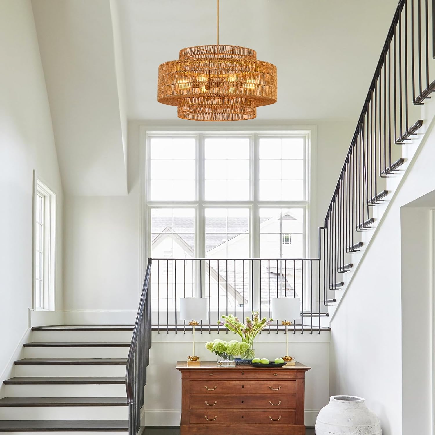 30" Large Boho Rattan Chandelier 8-Lights Farmhouse Hand-Woven Bamboo Chandelier Vintage Rustic Wicker Rattan Golden Chandeliers for Dining Room, Bedroom, Kitchen, Living Room