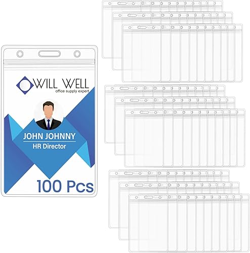 Miniatura 10 de 50 soportes para tarjetas de identificación extragruesos, soporte vertical de PVC transparente con cierre hermético impermeable (2.6 x 3.7 pulgadas