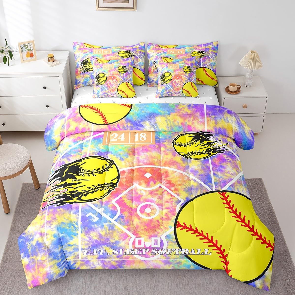Feelyou Softball Comforter Set 7 Pieces Full Size, Eat Sleep Softball Bedding Set for All Season, for Boys Girls Ball Games Tie Dye Bed in a Bag with Comforter, Sheets, Pillowcases & Cushion Cover