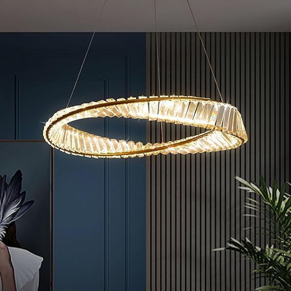 minifair Woonkamerlamp, vergulde roestvrijstalen kroonluchter met onregelmatige ringen, moderne dimbare LED-kristallen slaapkamerlamp, kroonluchter voor woonkamer, eetkamer, keuken, slaapkamer, D60 cm