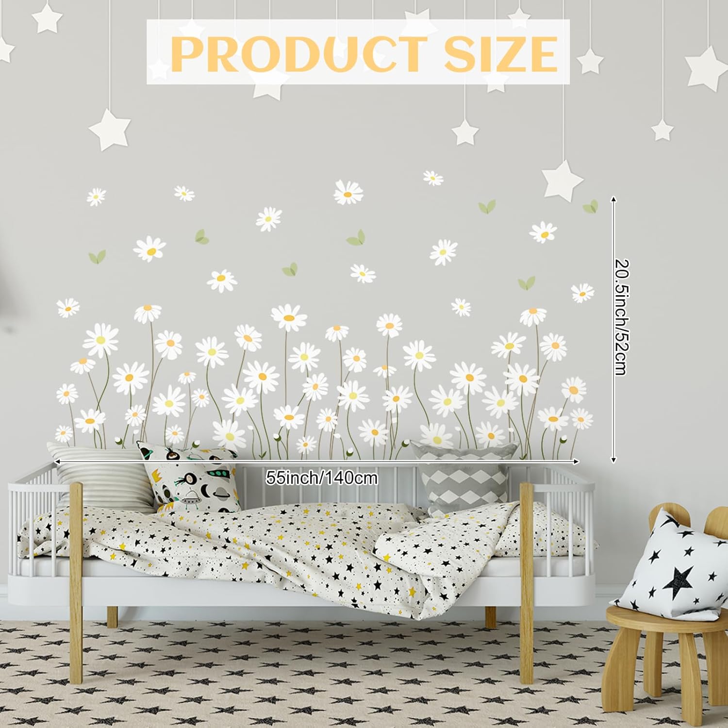 Gilprop 5 Sheets Daisy Wall Decals Flower Stickers Cute Daisy Sticker White Flower Decal Wildflower Grass Peel and Stick Floral Wallpaper for Kids, Girls Nursery Bedroom Living Room Boho Wall Decor