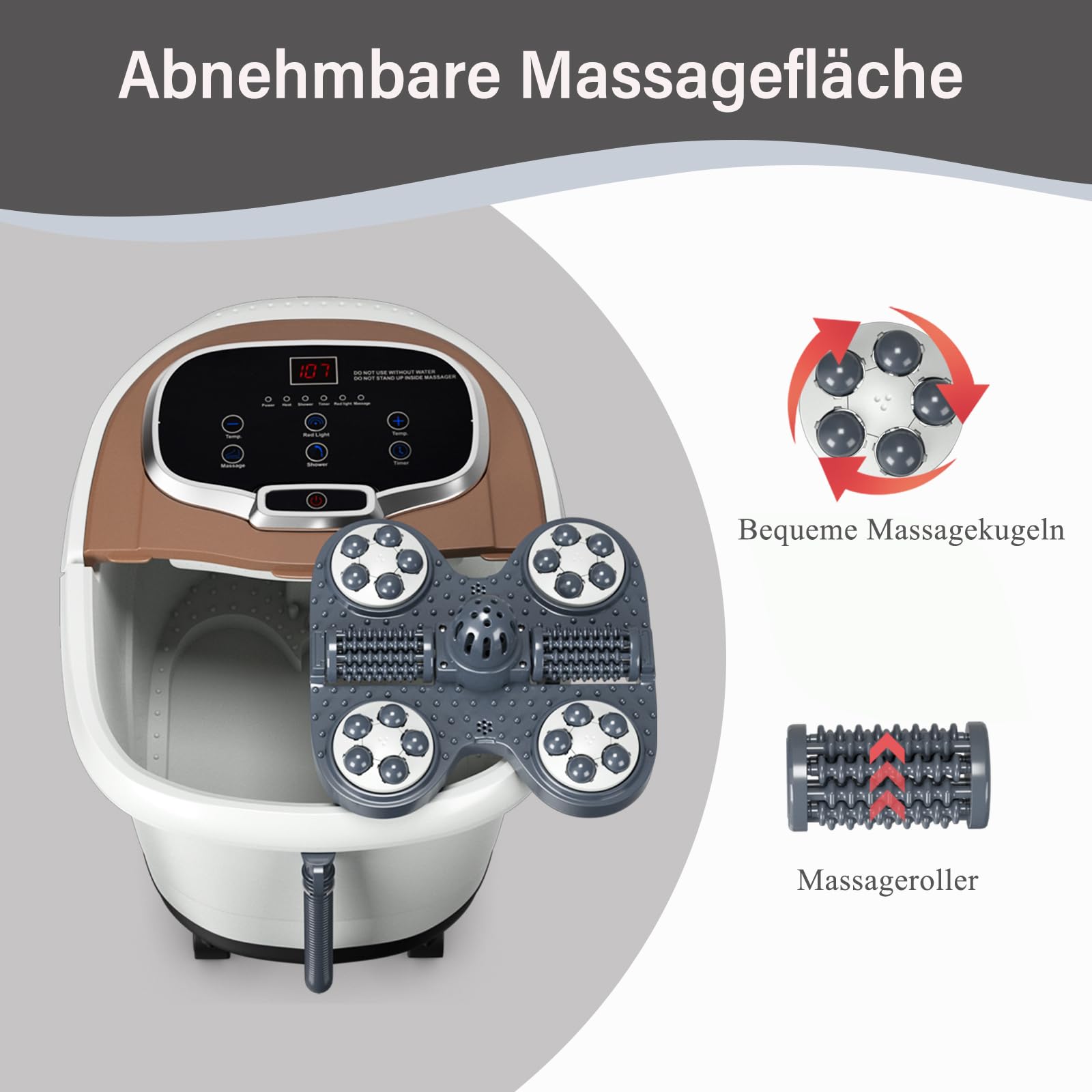 SOARS Fußbad Massagegerät elektrisch, Fußbadewanne mit Abnehmbarer Massagefläche, mobiles Fußmassagegerät mit Heizungs- & Dusch-Funktion, 10-60min Timer, 35-48℃ (Braun)