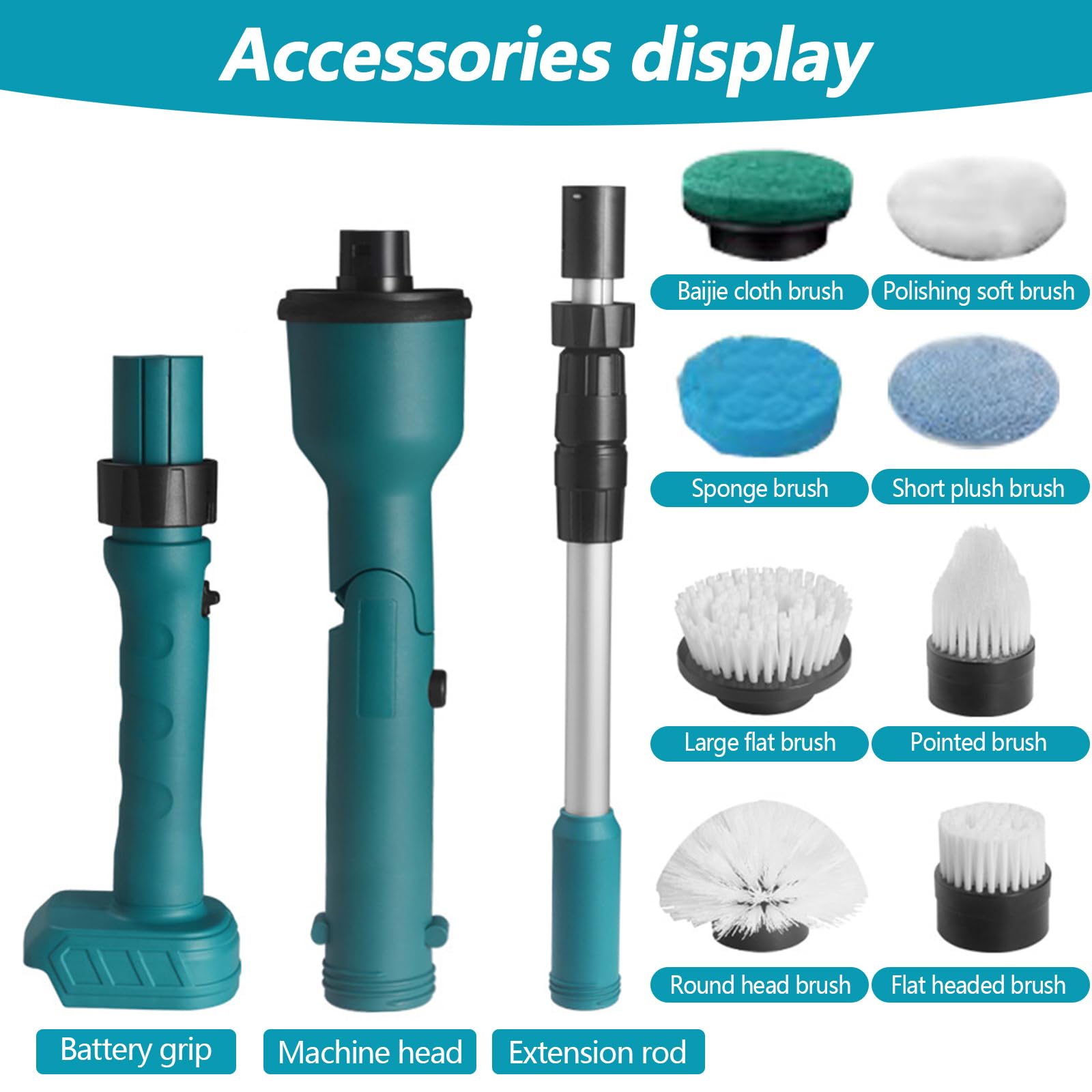 Brosse De Nettoyage électrique, épurateur à Batterie pour Batterie pour Makita 18V Comprenant 8 Têtes Brosse Nettoyage Brosse Nettoyage Extensible 63 à 125 Cm Equipée d'une Rallonge 2 Niveaux Vitesse