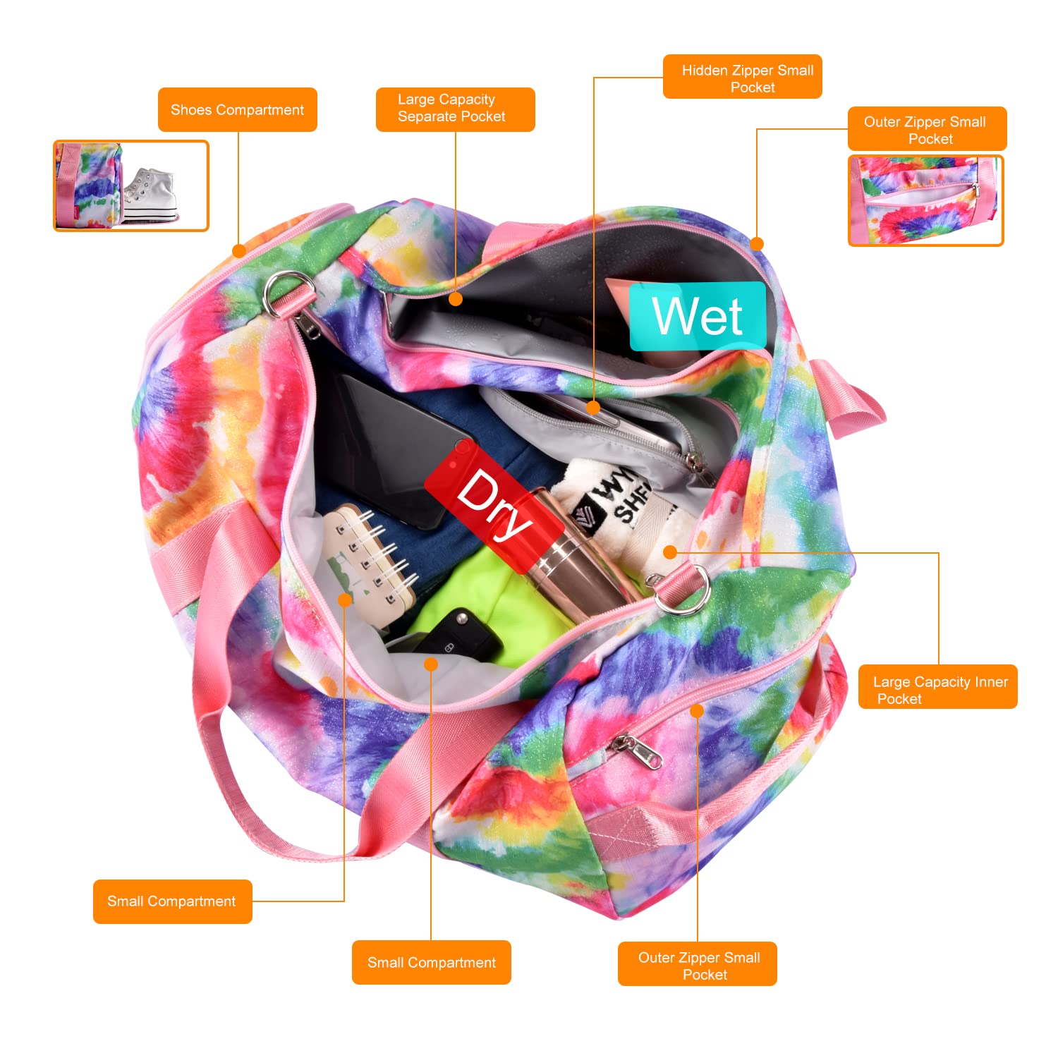 Bolsa de Deporte GUDFBALE Teñido Anudado de Colores - Gym Bag Womens-Impermeable Bolsas de Gimnasia con Compartimento Zapatos y Compartimento Mojado