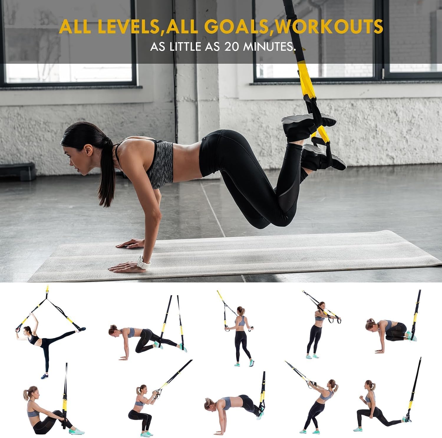 flintronic Kit d'entraînement à Suspension, Sangles de Suspension Multifonction Kit, d'entraînement Tout-en-Un avec Sangles Réglables pour Brûler des Graisses, Construire du Muscle -Jaune