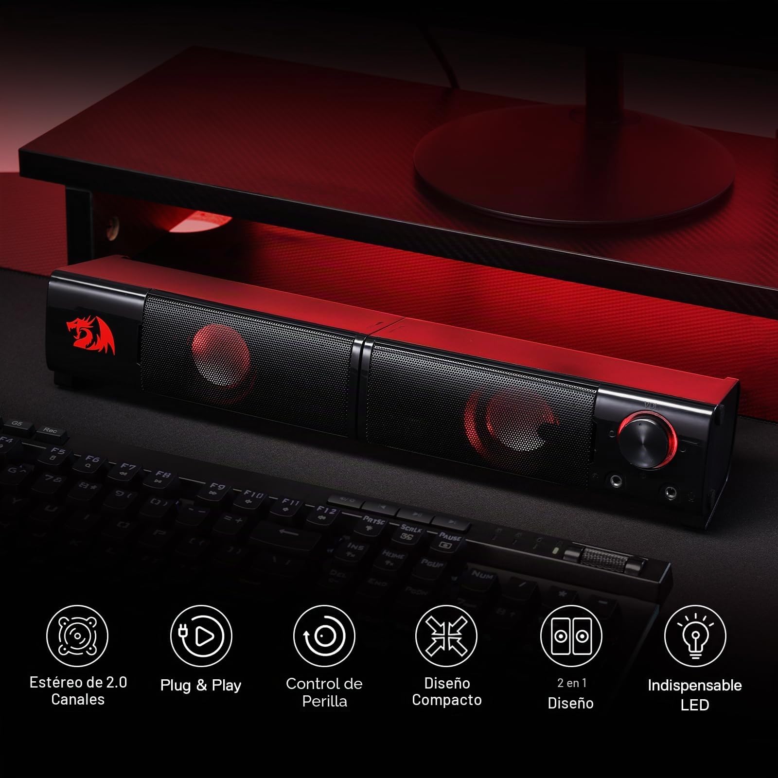 Redragon GS550 ORPHEUS Gaming Speakers, barra de sonido estéreo de escritorio con tamaño compacto, graves de calidad, retroiluminada en rojo, alimentación por USB