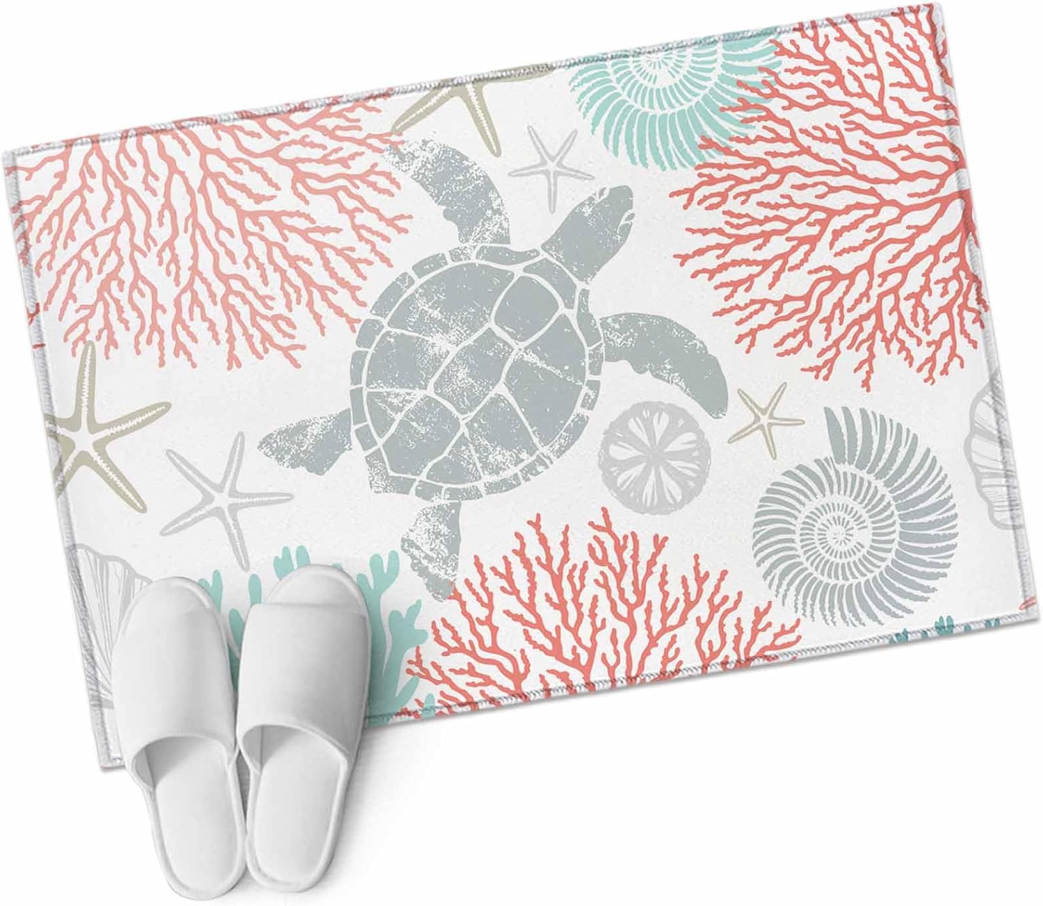 DecorLovee Entryway Rug 2'x3', Teal Red Coastal Turtle Small Rug for Kitchen Bathroom Door Mat Indoor Entrance, Ocean Coral Nautical Non-Slip Area Rugs Floor Mats Carpet Front Door Rugs