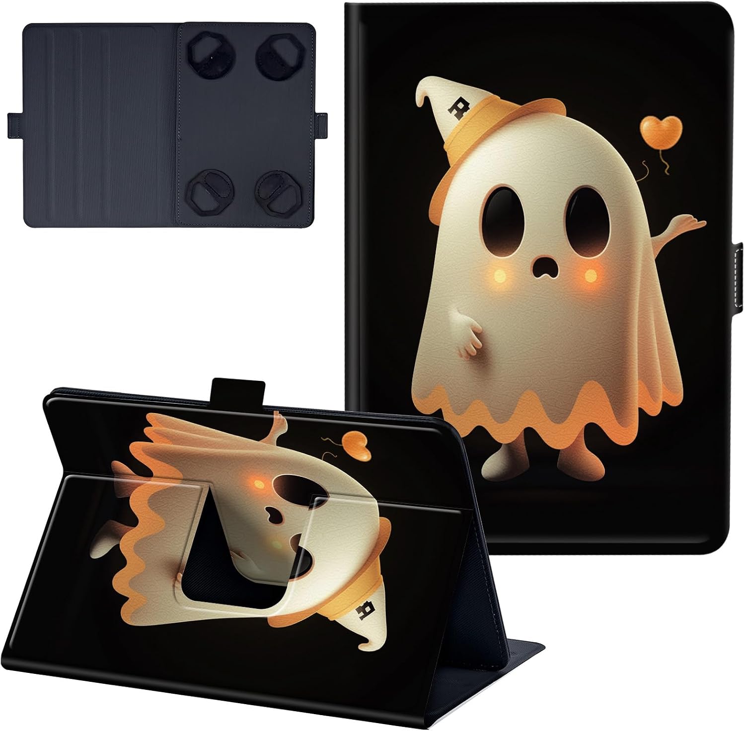 Universal Case for 7-9 inch Tablet, Leather Stand Protective Case Cover for 8" 8.4" 8.7" Tablet with Adjustable Fixing Silicon Band, Little Ghosts