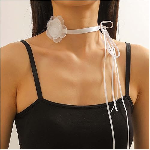 Miniatura 2 de YienDoo Gargantilla de encaje con lazo de camelia y flores, collar largo con cinta floral para el cuello, gargantilla gótica, joyería para mujer