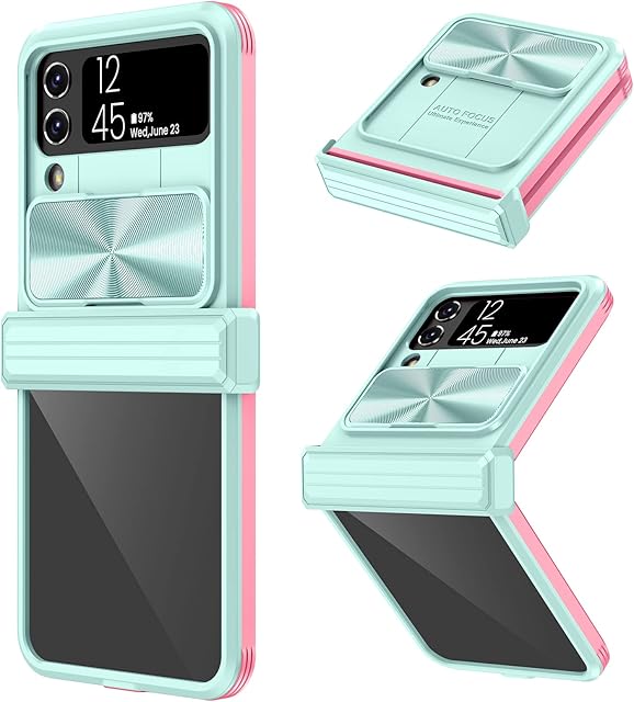 HWeggo Case for Samsung Galaxy Z Flip 4,Galaxy Z Flip 4 Cover with Slide Camera Cover and Hinge protection,Foldable TPU Frame and Acrylic Back,Shockproof Anti-Scatch Protective Case(Blue+Peach)