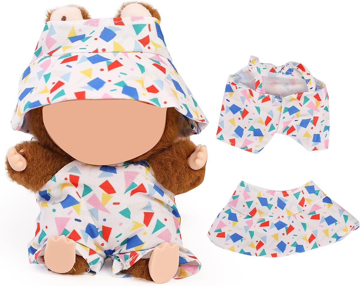Doll Clothes for Labubu(NO Doll), for 17/15cm Plush Dolls, Clothing Suit Toy Figurine Outfit Set Dress Up with Kawaii Style Accessories, Multicolour Overall and Cute Hat or Headwear (LB105)