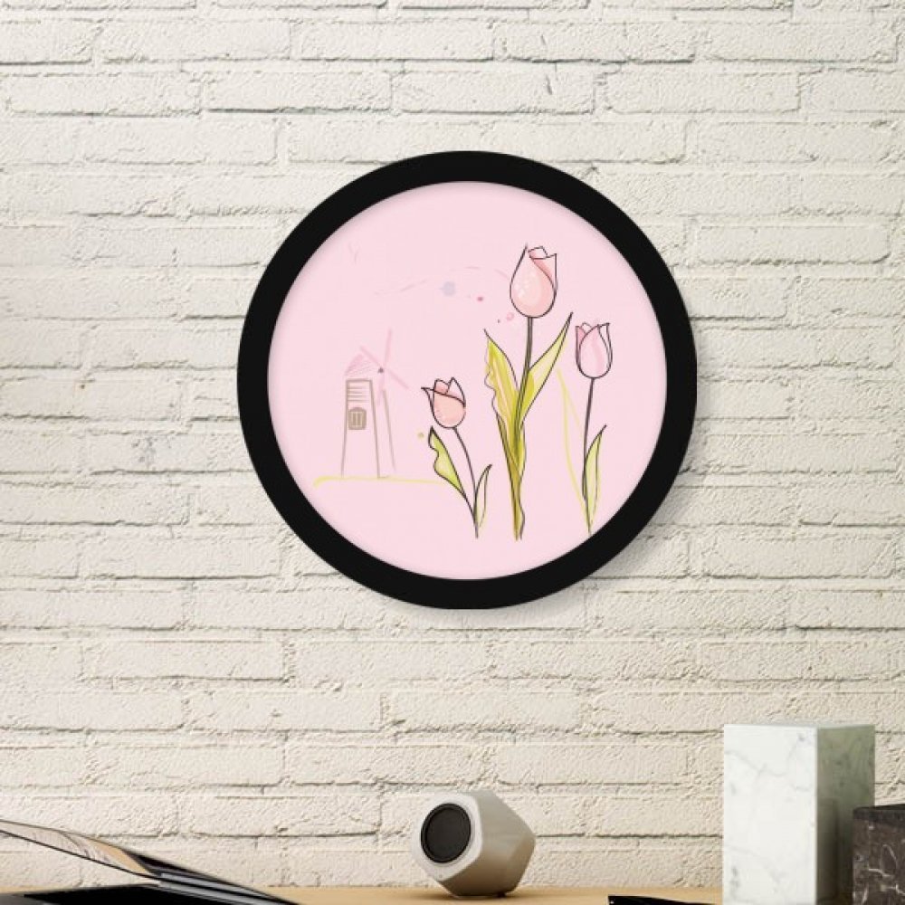 Moulin à vent peinture fleur tulipe et cadre photo bois rond noir