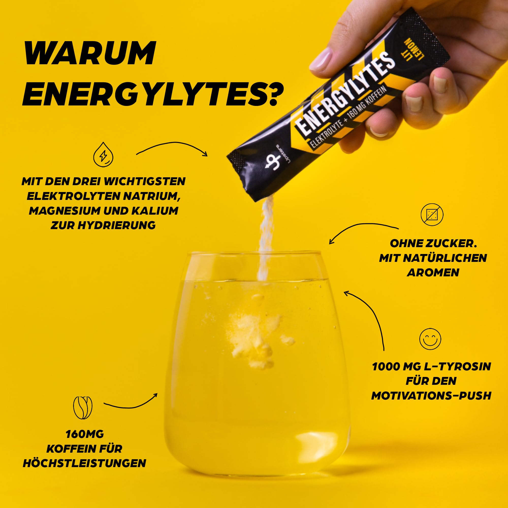 Upsters Energylytes Lit Lemon | Elektrolyt Pulver mit 160 mg Koffein & L-Tyrosin | Zuckerfrei | Hydration & Fokus | Für Sport, Arbeit & aktive Tage | 30 Portionen