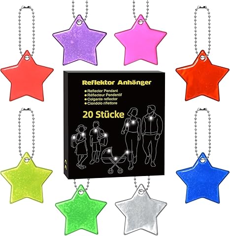 DealKits 20 colgantes reflectantes de seguridad, llavero de estrella, para niños, para asientos de muñecas, mochila, bolso, chaquetas, silla de ruedas, bicicleta, correr, fiesta, 8 colores luminosos