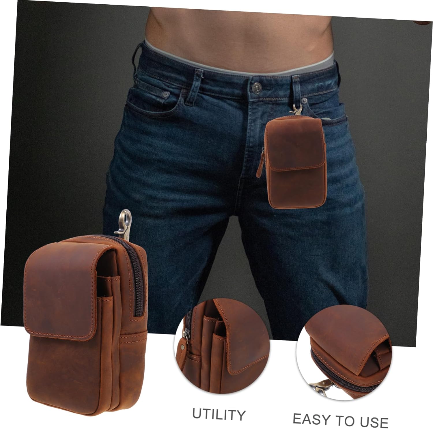 Genuine Leather Phone Waist Pouch for Men Multifunctional Outdoor Waist Bag Anti-Lost Feature Portable Mini Hip Bag for Work Hiking and Traveling
