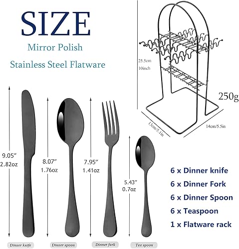 Miniatura 5 de Juego de cubiertos negros de espejo de 24 piezas con estante de almacenamiento, juego de cubiertos de acero inoxidable con mango colgante y mango