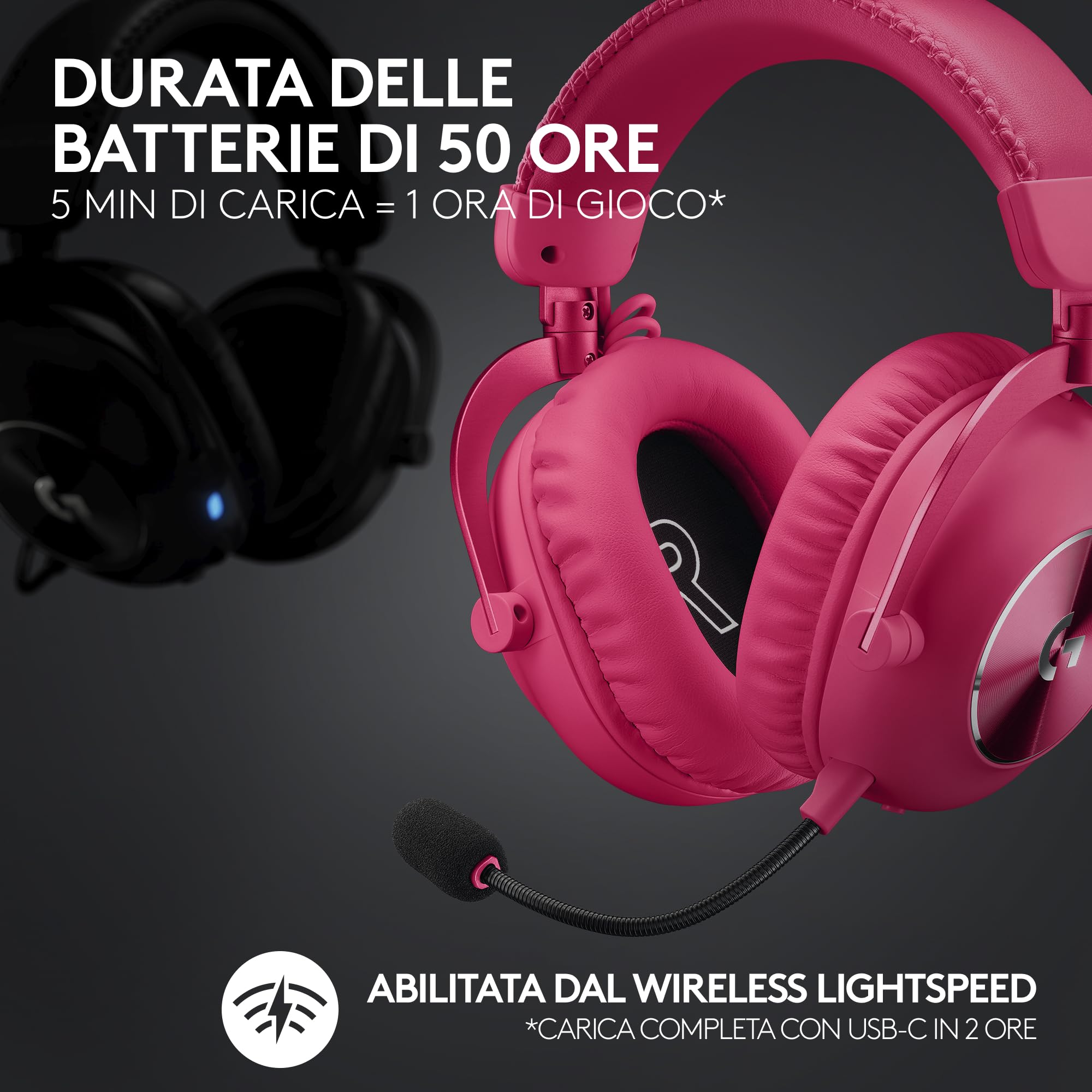 Logitech G PRO X 2 LIGHTSPEED Cuffie gaming wireless, Microfono a braccio rimovibile,Driver Grafene 50mm,DTS:Headphone X 2.0-Surround 7.1, Bluetooth/USB/3,5mm Aux, PC,PS5,PS4, Nintendo Switch,Magenta
