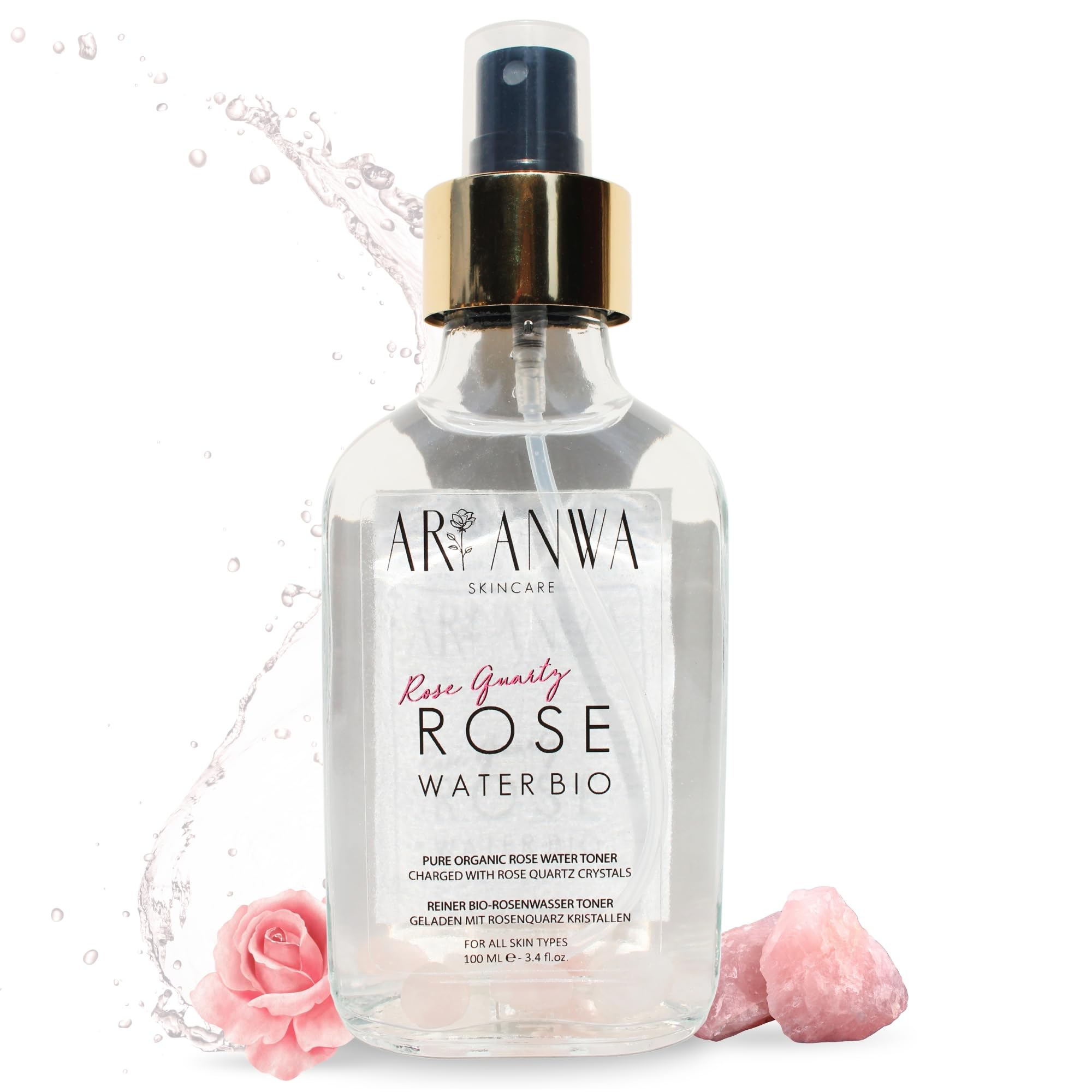 BIO Rosenwasser Spray Rosenquarz Glasflasche - Reinigt porentief, erfrischt und verleiht strahlendes Hautbild | Alkoholf