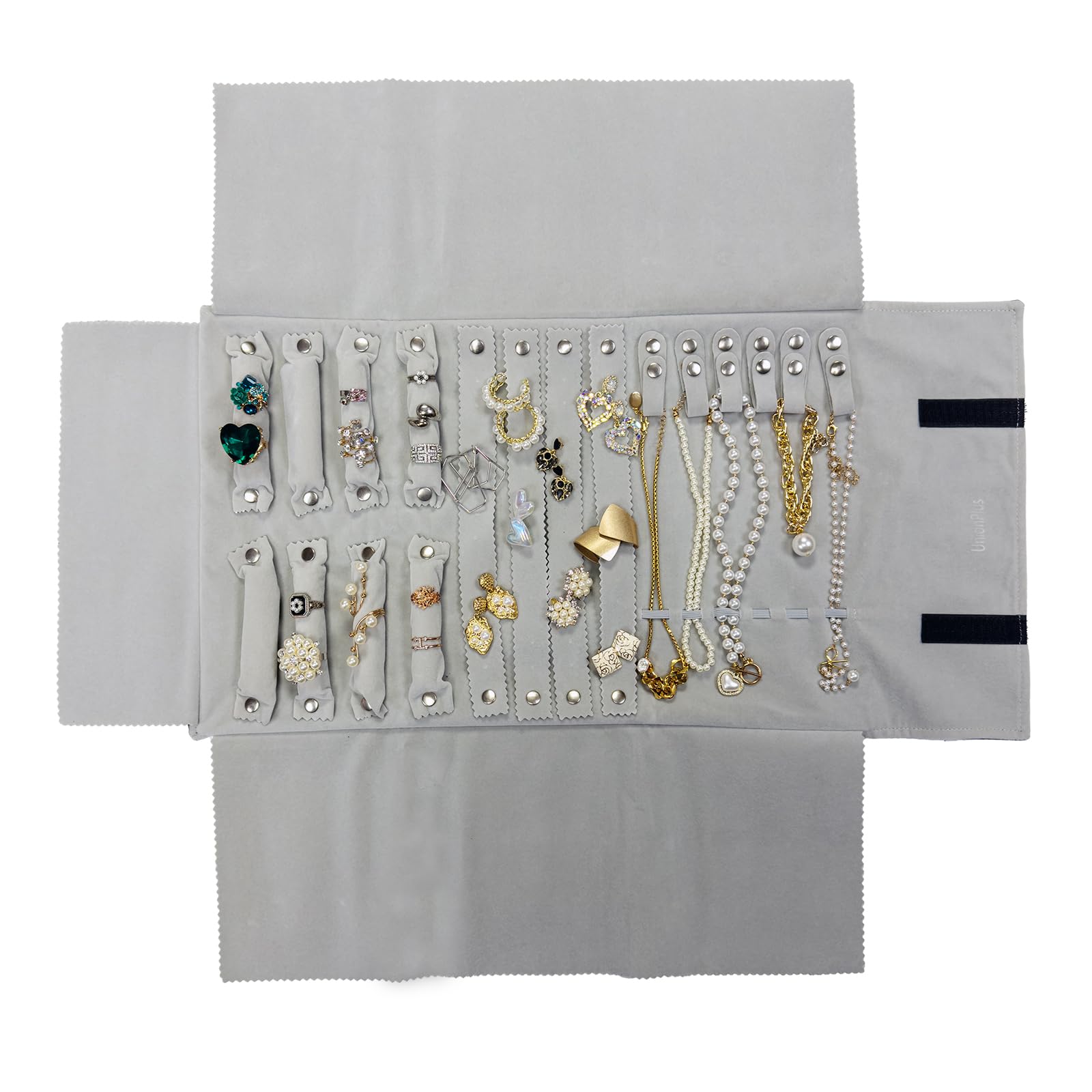 UnionPlus Velvet Travel Jewelry Roll Bag Organizer for Necklaces Bracelets Earrings Rings, Black and Grey