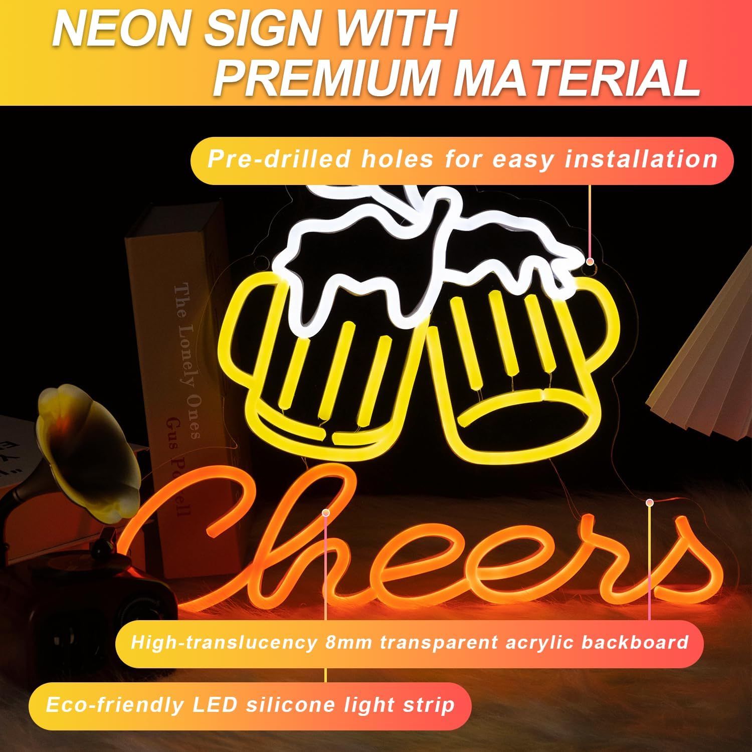 Beer Neon Sign for Wall Decor, Dimmable LED Bar Neon Sign Man Cave, Cheers Neon Sign for Bar Pub Party Club, Light up Neon Beer Sign Store Decoration, 15.4x11.8in
