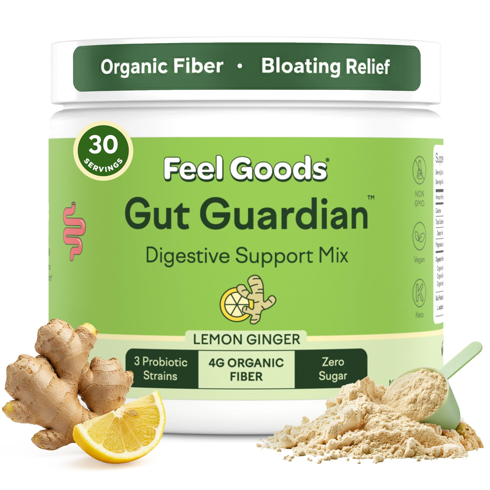 Gut Guardian, Digestive Health Powder Drink Mix - Probiotic Fiber Powder with Prebiotics & L Glutamine for Gut Health, Bloating Relief & Digestion Support - Zero Sugar & Organic Flavor