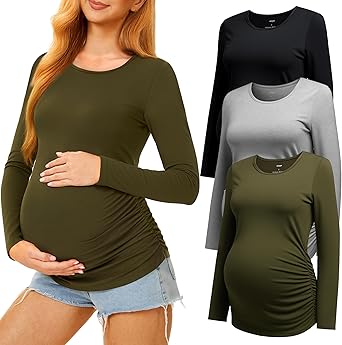 3 Pack Maternity Shirts Long Sleeve Pregnancy Top for Women with Crew Neck Casual Tee Shirts