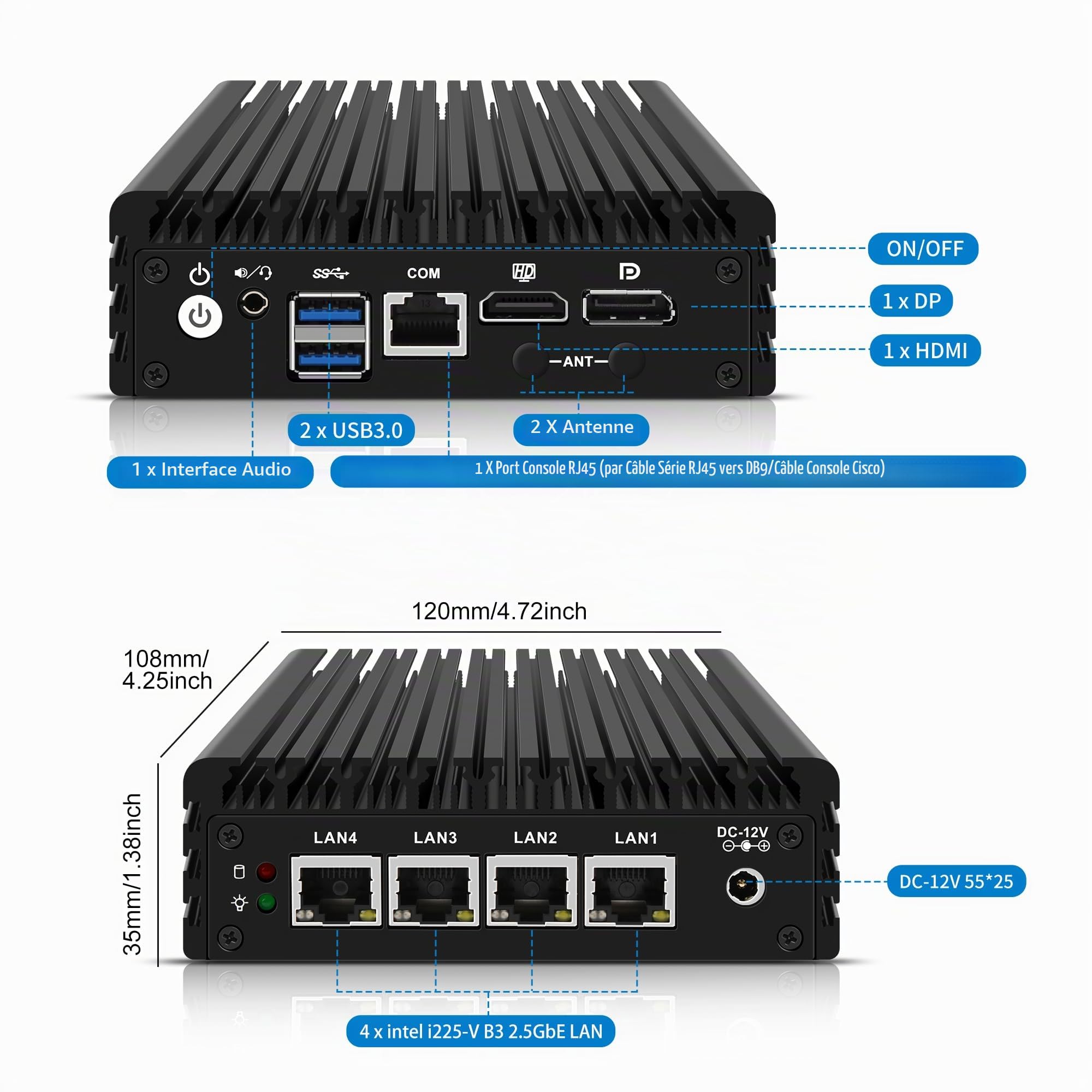 CWWK Mini PC Firewall Micro Appliance, Pentium J3710, 4 Port i225 2.5GbE LAN, Ordinateur Mini Matériel OPNsense, Fanless PC, DDR3L 8GB RAM 128GB SSD, AES-NI, Console COM, HD, DP